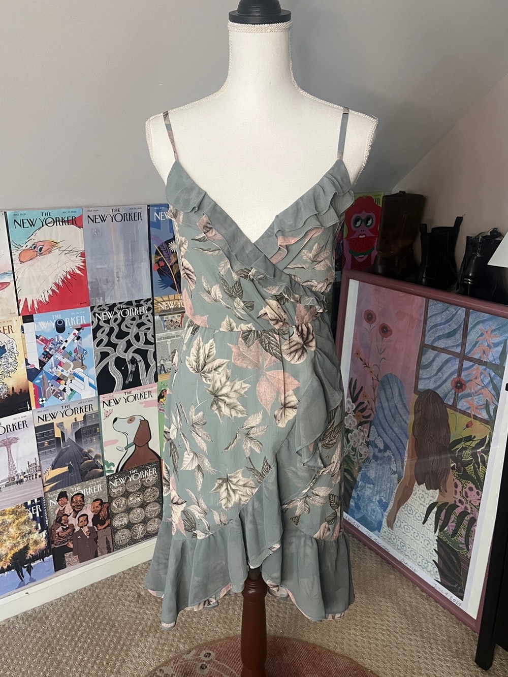 Sage Green Floral Ruffle Wrap Dress